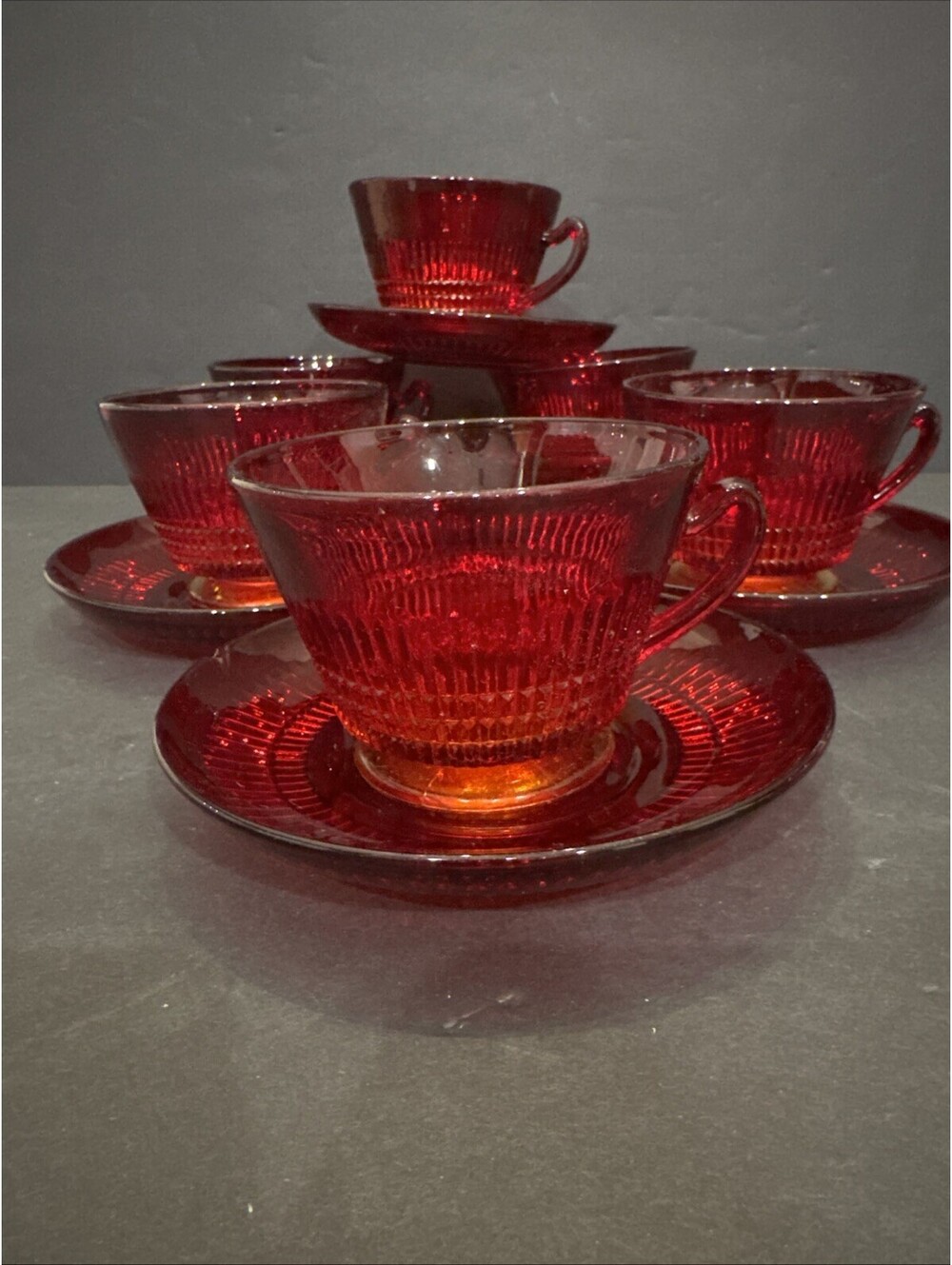 Vtg Fenton Art Glass (6) Lincoln Inn Ruby Red Cup And Saucer Set 1930’s Glows